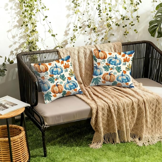 22x22 Inch Outdoor Pillow Covers Set of 2 Waterproof Throw Pillow Covers Decorative Couch Cushion Covers Blue Pumpkin Fall Leaf Square Pillowcases Protectors for Patio Garden Sofa