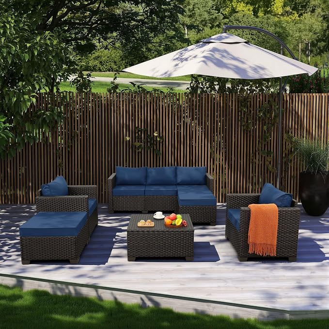 Rattan Star 6 Pieces Patio Outdoor Furniture Conversation Sets Patio Wicker Sofa Set with Outdoor Couch Patio Chairs and Storage Table Non-Slip Cushions Waterproof Covers, Navy Blue