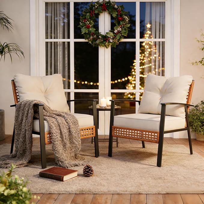 LAUSAINT HOME 2 Pieces Wicker Patio Conversation Chairs Set, Oversized Outdoor Furniture Set with Soft Cushions for Backyard, Garden, Patio (Beige)