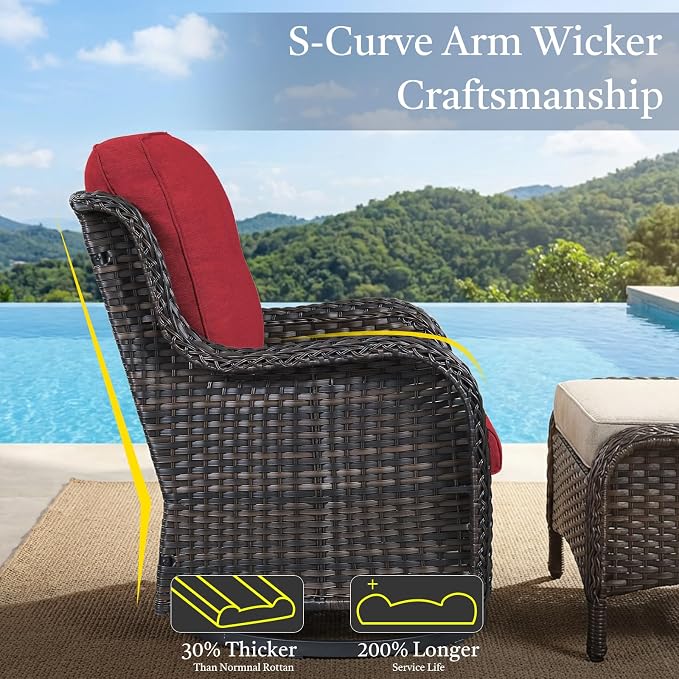 Outdoor Swivel Rocker Patio Chairs-Wicker Patio Swivel Chairs Set of 2 PE Rattan Patio Furniture for Porch Deck Balcony Garden-Brown/Red
