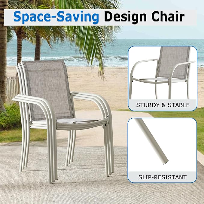 5-Piece Outdoor Dining Set, Square Metal Table with Grey Chairs, Black Patio Table with Umbrella Hole for Garden, Yard, Patio