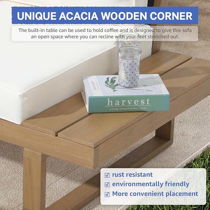 Soleil Jardin 4 Piece Acacia Wood Patio Furniture L-Shaped Outdoor Sectional Sofa Set with Coffee Table, FSC Certified Conversation Set with Built-in Side Table and Cream White Cushions for Garden