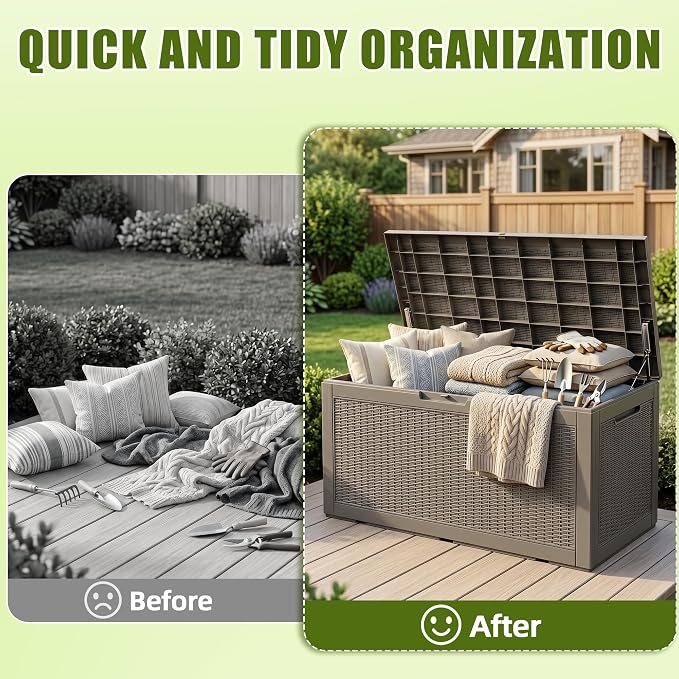 ROJIK 120 Gallon Waterproof Outdoor Deck Storage Box, Lockable Resin Patio Storage Bin with Lid for Garden Tools, Patio Cushions & Outdoor Accessories(Grey)