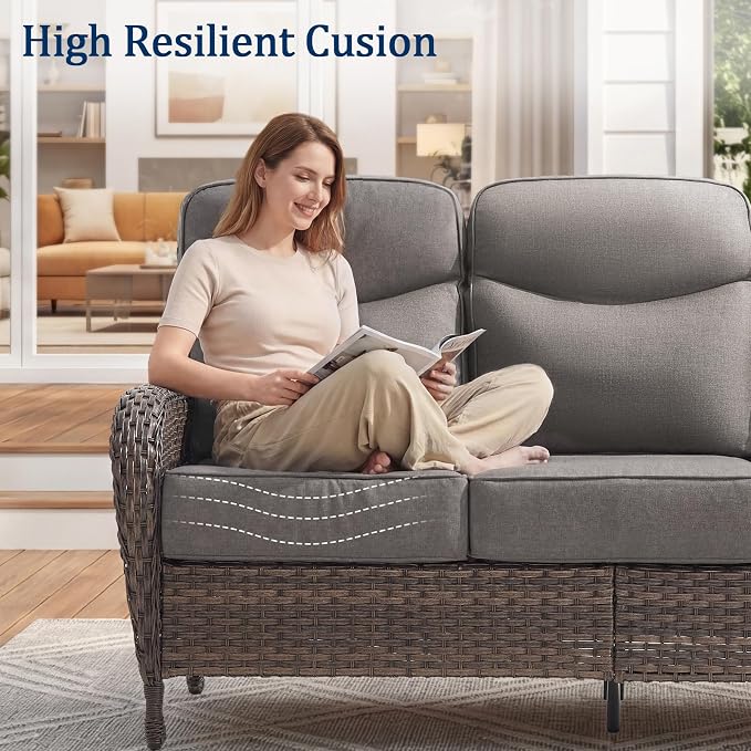 Outdoor Swivel Rocking Chair Patio Set (8-Piece), High-Back - Thick Cushion Swivel Rocking Chair Patio Set, All-Weather Wicker Patio Furniture Set, Suitable for Balcony Patios, Brown/Gery