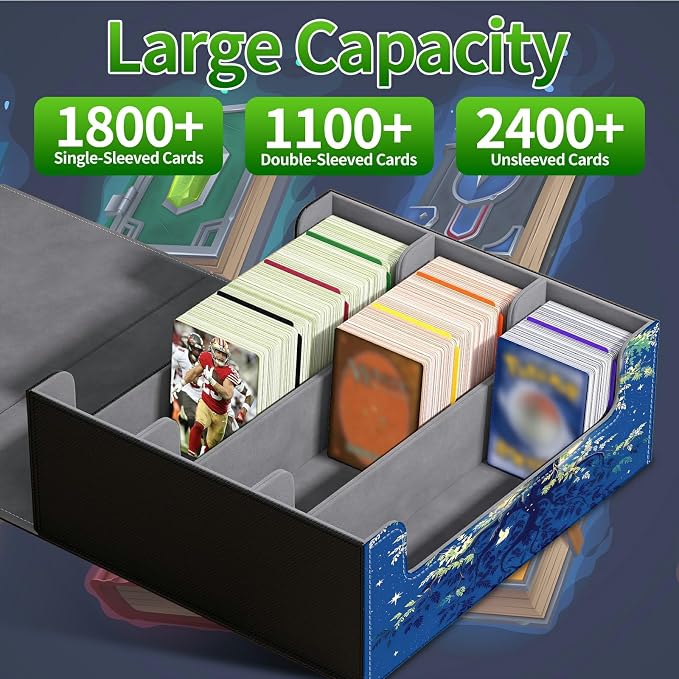 Large Card Deck Box for MTG, Fits 1200+ Sleeved Cards, PU Leather Storage Case with Strong Magnetic Closure, Multiple Colors Available for TCG CCG Baseball Card Collections, Moon Green Tree