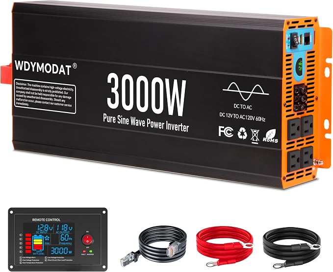 3000W Pure Sine Wave Inverter,12V DC to 120V AC Car Power Inverter 6000W Peak with 4 AC Outlets, 3.0A USB and Type-C, LCD Display 16.5 ft Remote Control for RV Truck Travel Solar Emergency