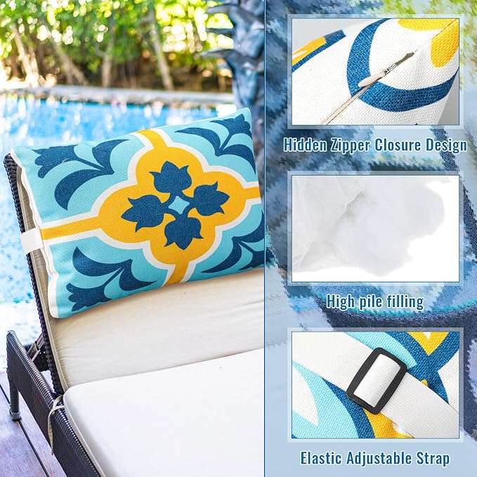 Juexica 2 Pack Chaise Lounge Pillow with Strap Outdoor Waterproof Beach Chair Neck Headrest Pillow Adjustable Elastic Band for Hammock Lumbar Recliner Pillows for Patio Pool Chair(Boho Blue Flower)