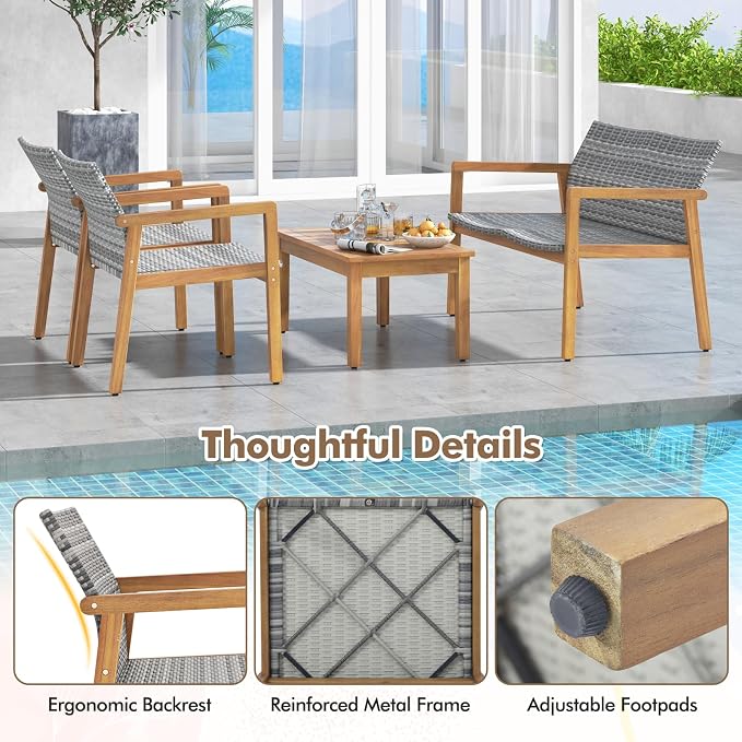 Tangkula 8 Pieces Outdoor Furniture Set, Acacia Wood Frame Sofa Set w/Rattan Seat & Back, Patio Conversation Set w/Coffee Table for Balcony, Poolside, Backyard
