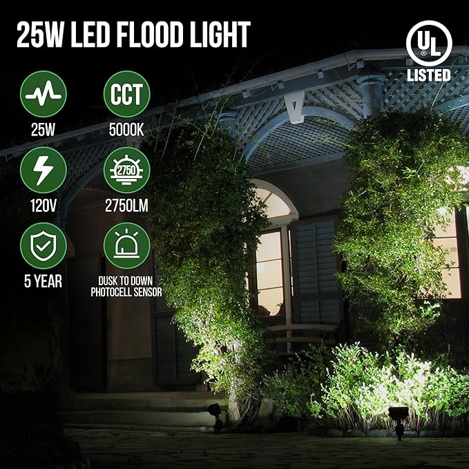 GKOLED 25W LED Flood Lights Outdoor, Dusk to Dawn Security Light, with Anti-Glare Guard, 120V 5000K 2750LM Waterproof Landscape Lighting, Aluminum Lighting Fixture, 1/2" Knuckle Mount, UL Listed