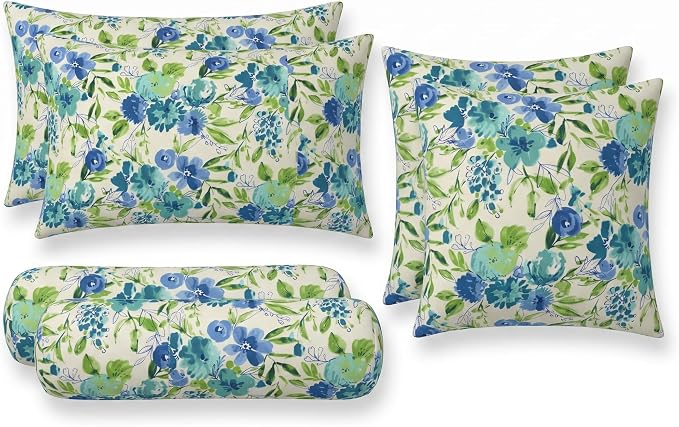 RSH DECOR: 6-Pack Pillow Set | All-Weather Spun Fabric | Water & Fade-Resistant | 17" Square, 20" x 12" Lumbar, 20" x 6" Neck Roll Pillows | Outdoor Pillows for Patio | Made in USA (Bettina Aqua)