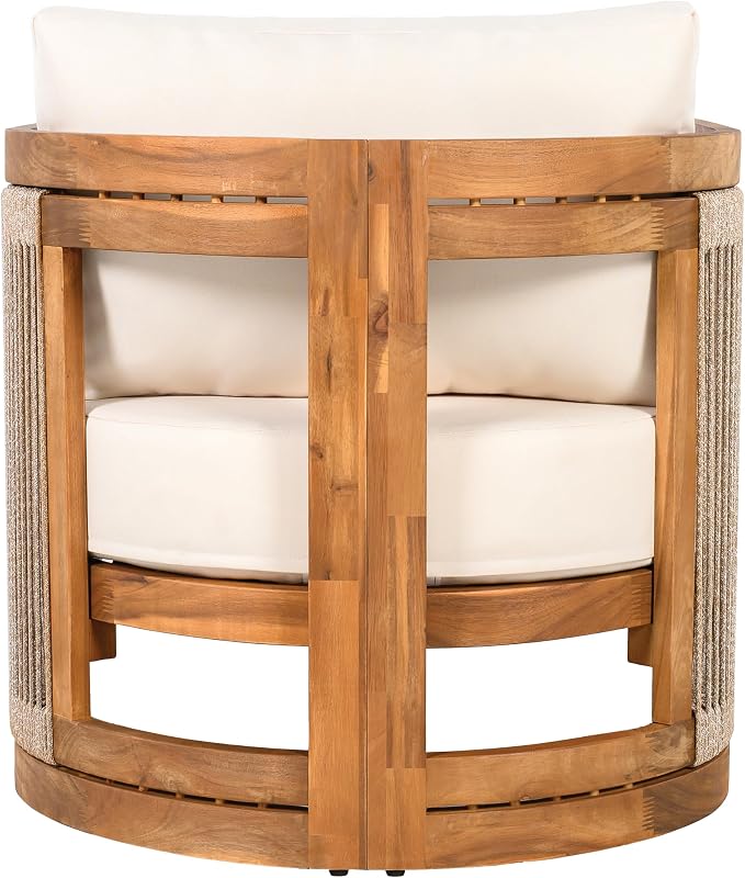 Christopher Knight Home Malphite 3 Pieces Conversation Set, Acacia Wood Chat Set, Round Coffee Table and Woven Rope Accent Chairs, Slat Design Patio Furniture Set for Backyard Garden, Beige + Teak