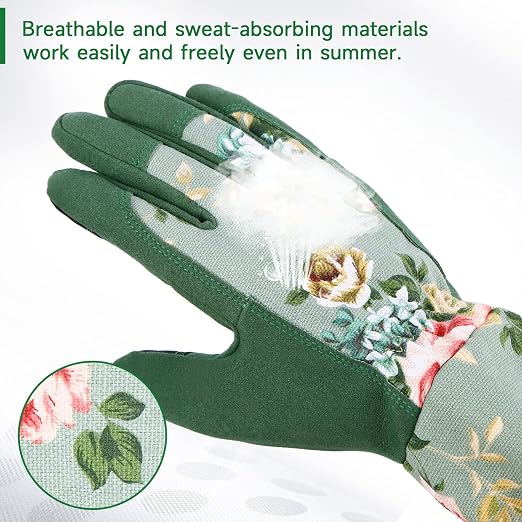 WANCHI Garden Gloves, Long Sleeve Leather Gardening Gloves for Yard and Gardening Work, Gardening Gifts for Women, Cute, Comfortable, Durable, Green Print (Small)