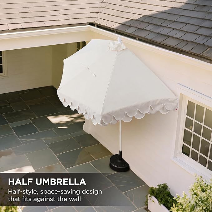 Eyely BMU1202 Noah 9 ft. Classic MidCentury Scalloped Fringe Market Patio Half Umbrella with Crank for Garden, Pool & Deck, Tilt Button and UV Protection