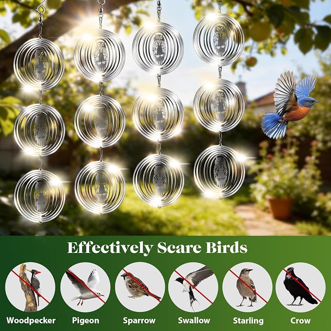 CHONOVO Bird Deterrents for Outside, 12 Discs 4 Set Reflective Owl Wind Spinners, 3D Bird Scare Devices to Keep Woodpecker Pigeon Away, Outdoor Hanging Bird Reflectors for Patio, Roof, Garden, Yard