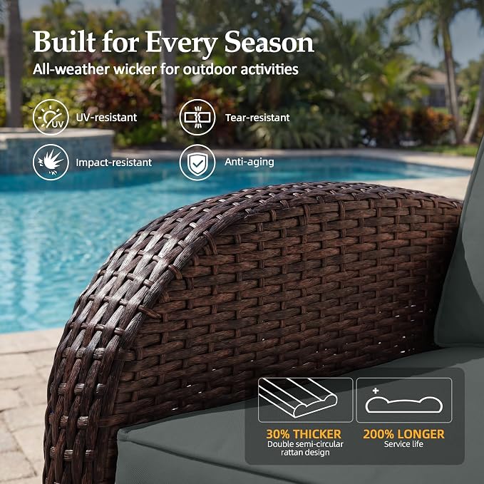 UPHA 5 Pieces Patio Furniture Sets, Wicker Outdoor Loveseat Sofa Set with Swivel Chairs, Patio Conversation Set for Deck Backyard Garden, Brown Rattan, Gray Cushion