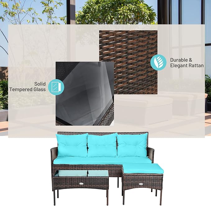 RELAX4LIFE 3 Pieces Patio Furniture Sectional Set, Rattan Wicker Conversation Set W/5 Cozy Seat & Back Cushions, Tempered Glass Coffee Table for Poolside, Backyard Outdoor Furniture (Turquoise)