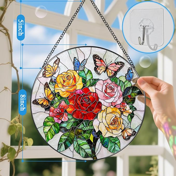 Butterfly & Rose Ornament: Stained Glass Suncatcher, Suncatcher for Window Decor, Stained Glass Window Hanging, Christmas Ornament, Gifts for Nature Lover, Women, Christmas, Mother's Day, Birthdays