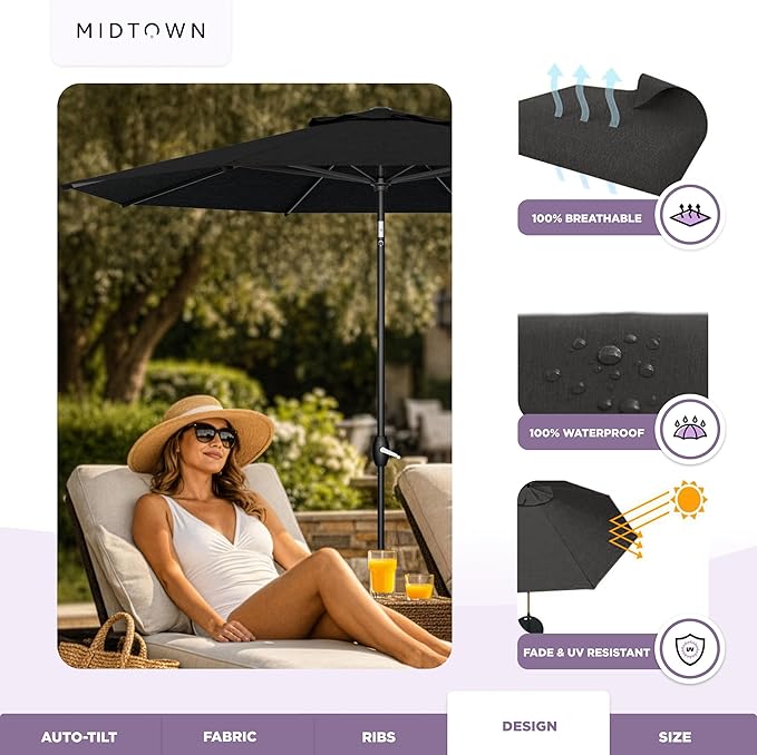 Midtown Umbrellas - The Lean 10 Ft Patio Umbrella with Fade-Resistant Sunbrella Fabric, Auto-Tilt Aluminum Frame and 8 Reinforced Ribs for Deck, Pool & Garden - Red Canopy, Black Pole