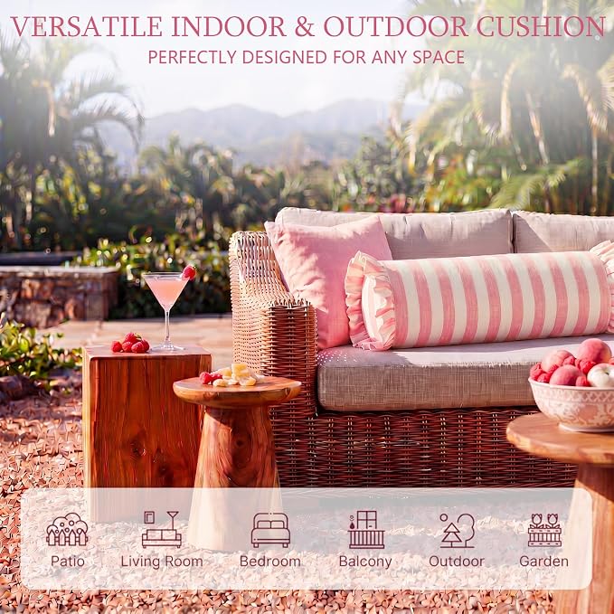 2 Pack Pink Striped Bolster Pillows with Ruffle, 6" x 22" Linen Waterproof Cylindrical Pillow Indoor Outdoor for Bed Sofa Couch, Modern Farmhouse Bedroom Living Room Home Decor