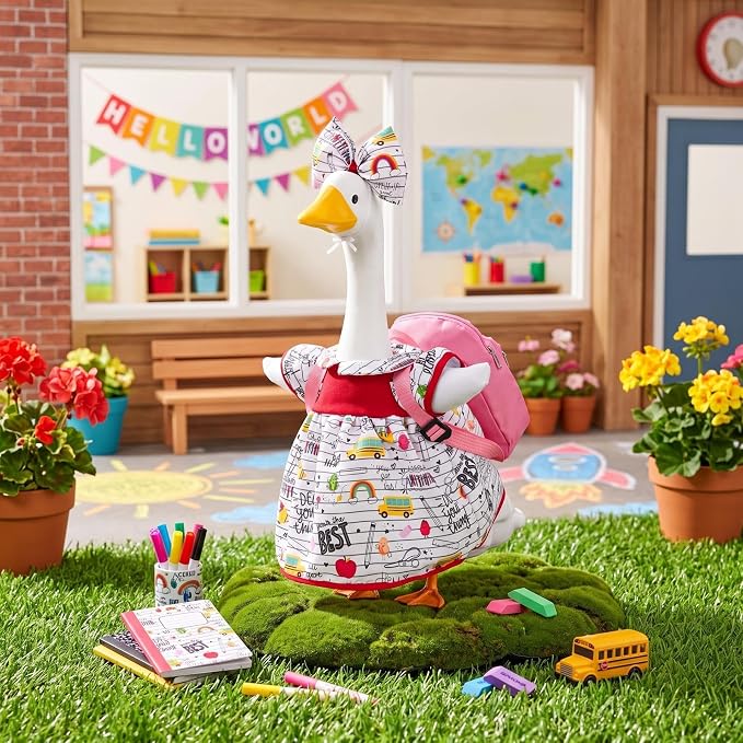 Abbylike Back to School Porch Goose Outfit Fit 23 Inch Lawn Statue Student Goose Skirt with Pink School Bag and Bow Headband for Garden Classroom Patio Lawn Yard Outdoor Garden Decoration
