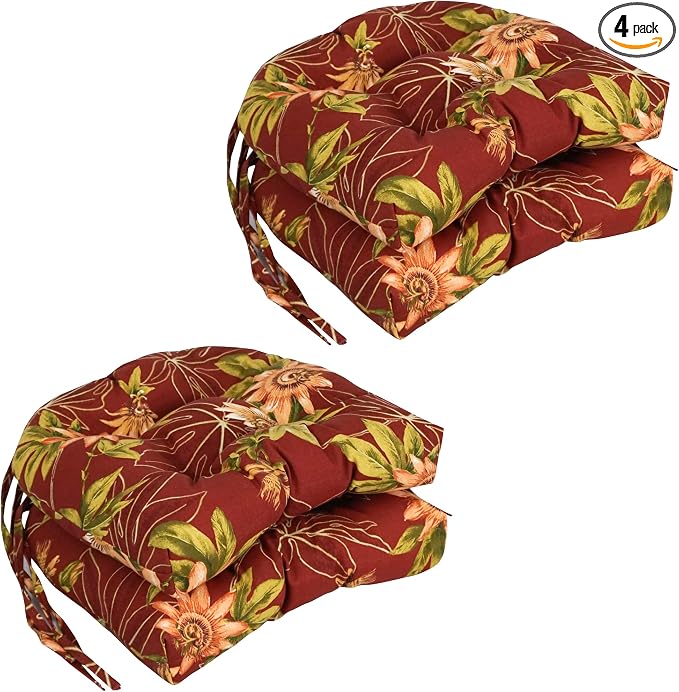 Blazing Needles Spun Polyester Patterned Outdoor U-Shaped Tufted Chair Cushions Set, Set of 4, 16", Passion Ruby