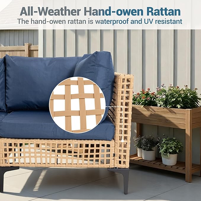 9 Piece Outdoor Wicker Patio Sectional Furniture Set, Dark Blue | All Weather Performance, PE Rattan, Patio Conversation Set w/Coffee Table, for Backyard, Porch, Poolside, Deck