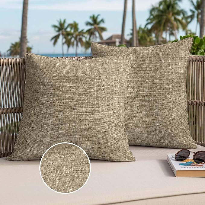 Pack of 2 Waterproof Outdoor Pillow Covers 24x24 Inch Decorative Pillow Covers Brown Farmhouse Throw Pillowcases Vintage Country Monochrome Textured Outdoor Cushion Cover for Couch, Patio, Tent