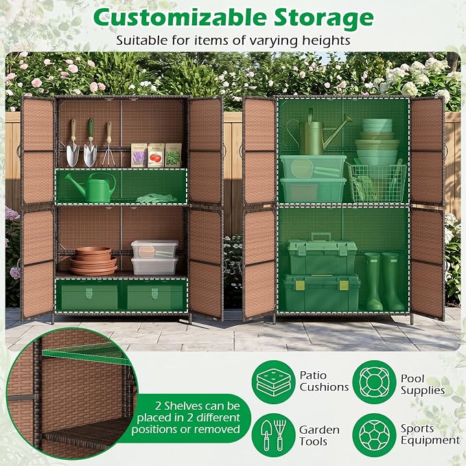 Tangkula Rattan Outdoor Storage Cabinet with 2 Adjustable Shelves | Patiojoy Outdoor Cabinet with Adjustable Shelves, 4 Doors, Patio Storage Deck Box Table for Patio Garden Poolside, Mix Brown