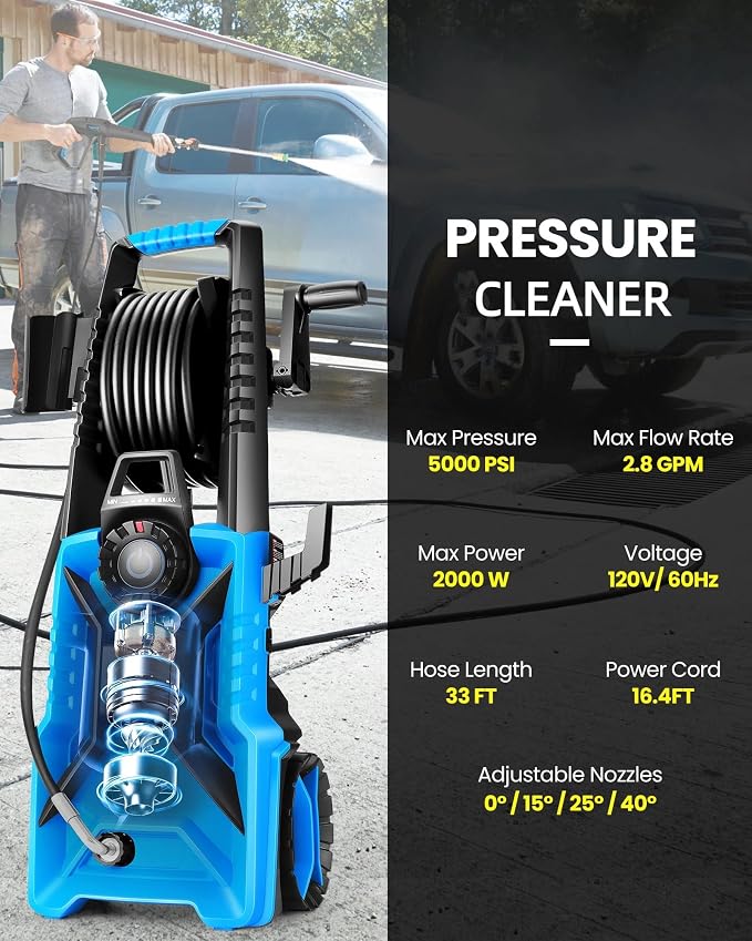 5000PSI Pressure Washer High Power Washer with 33ft Pressure Hose, 4 Nozzle and 500ml Soap Bottle for Cars/Fences/Driveways/Patios/Home Cleaning (Blue)