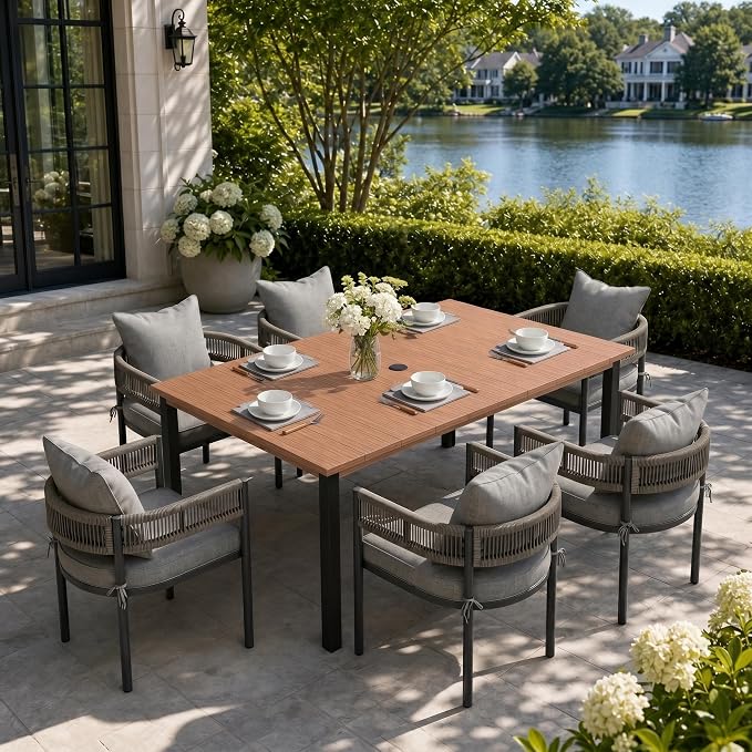 VICLLAX Patio Dining Set, 63" Walnut Table & 6 Chairs with Grey Cushion | Outdoor Table and Chairs Set of Rectangular Metal Patio Table, Outdoor Dining Chairs with Metal Frame, Garden Deck Porch