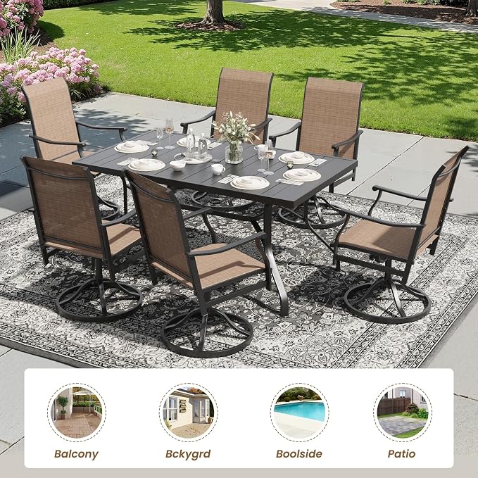 Soohow Outdoor Dining Set for 6, 7-Piece Patio Table and Chairs Set, 6 x Swivel Patio Dining Chairs with Textilene Fabric and 60"x35" Outdoor Table with 1.57" Umbrella Hole for Backyard, Poolside