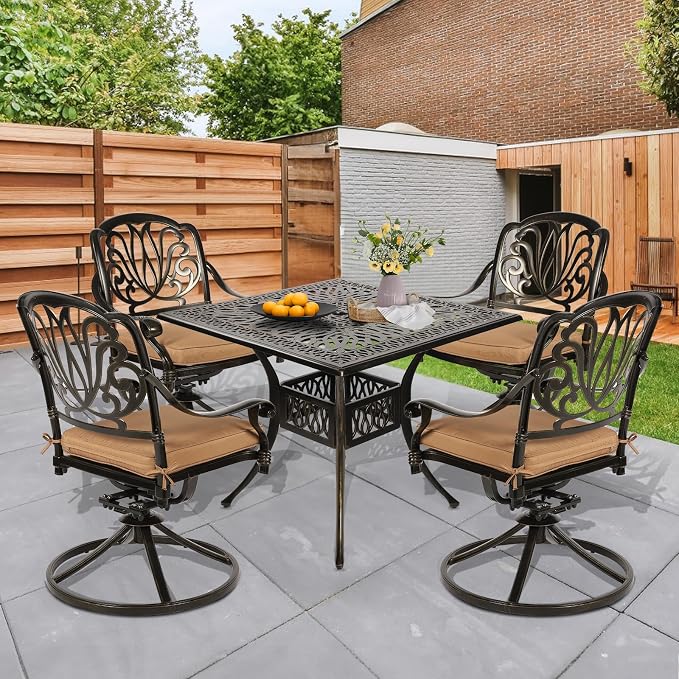 5 Piece Patio Dining Set, Outdoor Table and Chairs Set for 4 Cushioned Swivel Rocking Chairs and 35.4'' Square Table, All-Weather Cast Aluminum Patio Funiture Set, 2.2'' Umbrella Hole