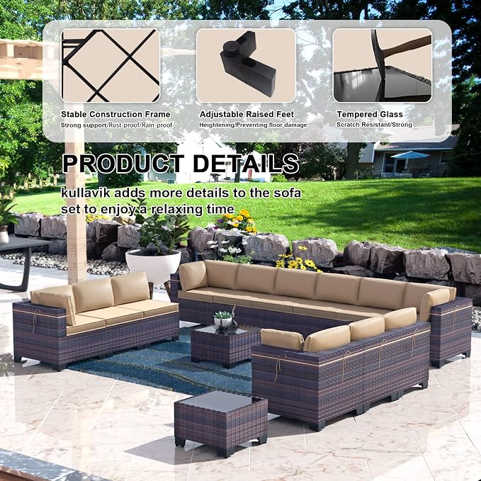 Kullavik 14 Pieces Outdoor Patio Furniture Set,Sectional Rattan Sofa Set Brown PE Rattan Wicker Patio Conversation Set with Tempered Glass Coffee Tables and Washable Cushions Covers,Sand