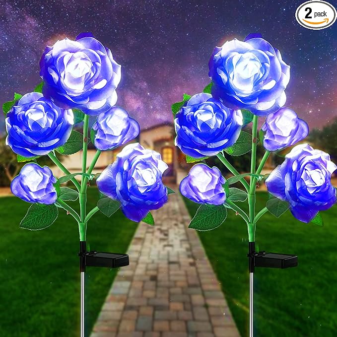 10 LED 7-Color Changing Solar Rose Flower Lights Garden Decorations Outdoor Waterproof Decorative Stake Lights for Patio Pathway Yard Lawn Decor(2 PCS Blue)