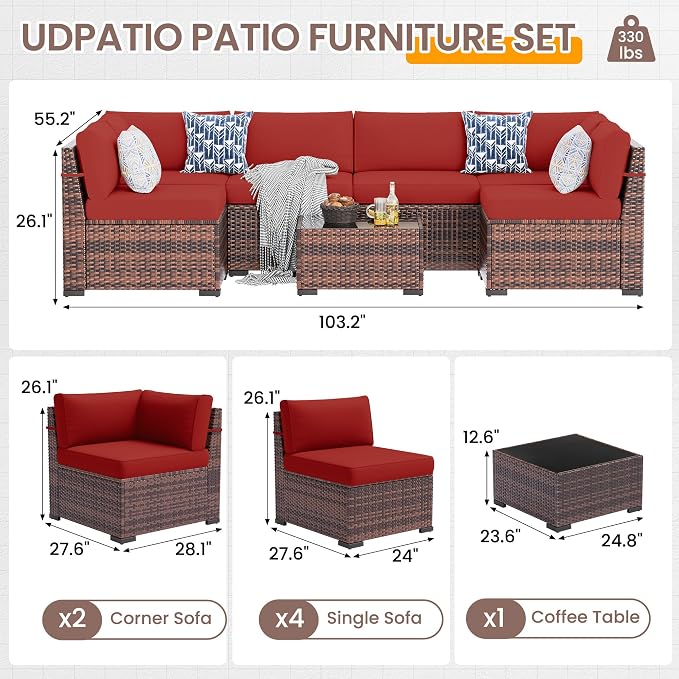 UDPATIO Patio Furniture Set, 7 Pieces Outdoor Sectional Sofa with 105°Slanted Back, Modular Rattan Conversation Set for Poolside, Backyard, Deck, with Coffee Table, Red