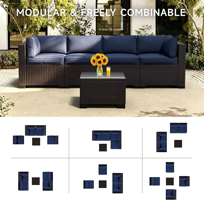 Patio Conversation Sets (Black Brown Rattan & Navy Blue Cushions, 5 Pieces)
