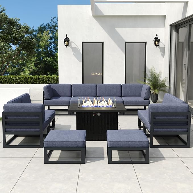 11 Pieces Aluminum Patio Furniture Set with Propane Gas 44" Fire Pit Table, Metal Outdoor Conversation Sofa Set with Seating Cushions