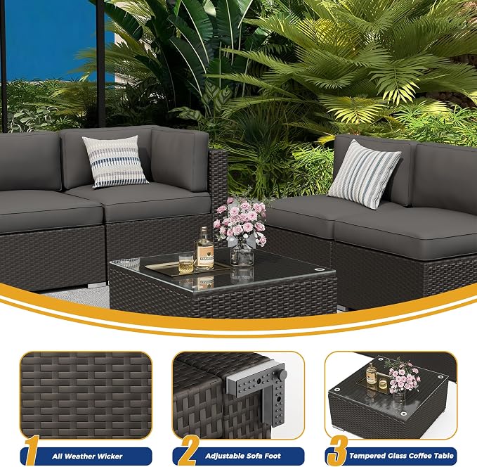 8 Pieces Outdoor Patio Furniture Set with Waterproof Cover, Black Brown Wicker Patio Sectional Sofa Set, Outdoor Couch with Cushion and Tempered Glass Table, Grey