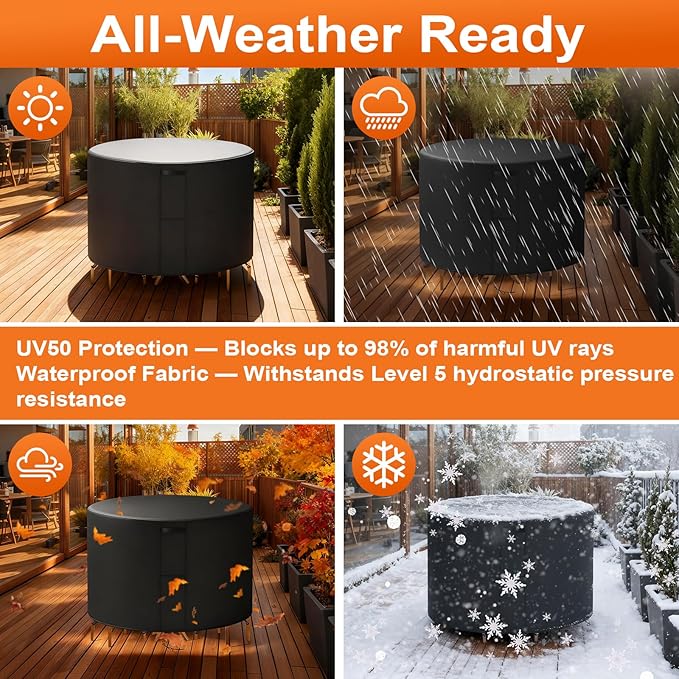 54"(D) x 6"(H) Round Outdoor Furniture Cover, Custom Heavy Duty 420D Waterproof Patio Furniture Cover with Drawstring & Buckles for Table Chair Garden, Black