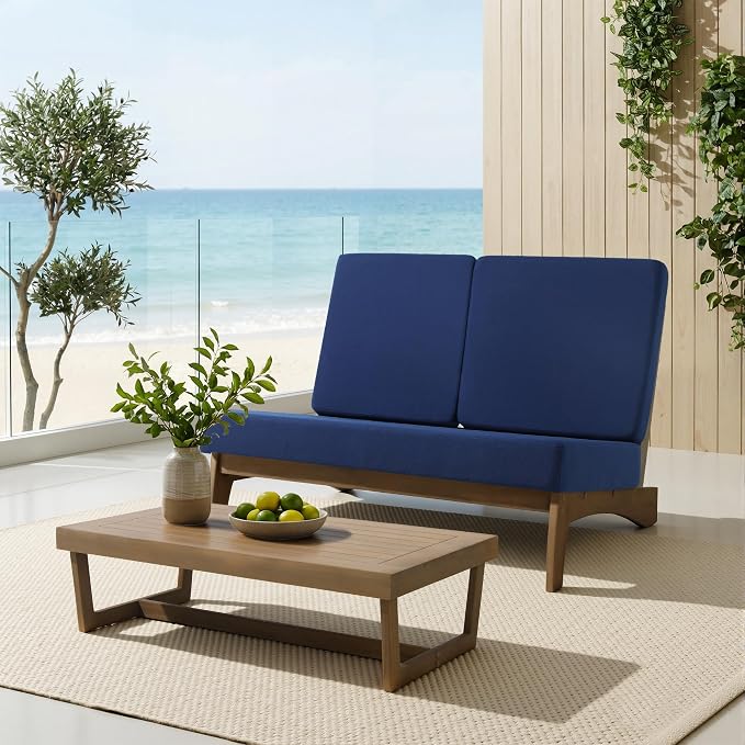 Outdoor Furniture Patio Couch, Weather Resistant Patio Loveseat Sofa Couch with Removable Cushion & Pillows, Teak Wood Frame for Porch & Backyard Seating - Navy