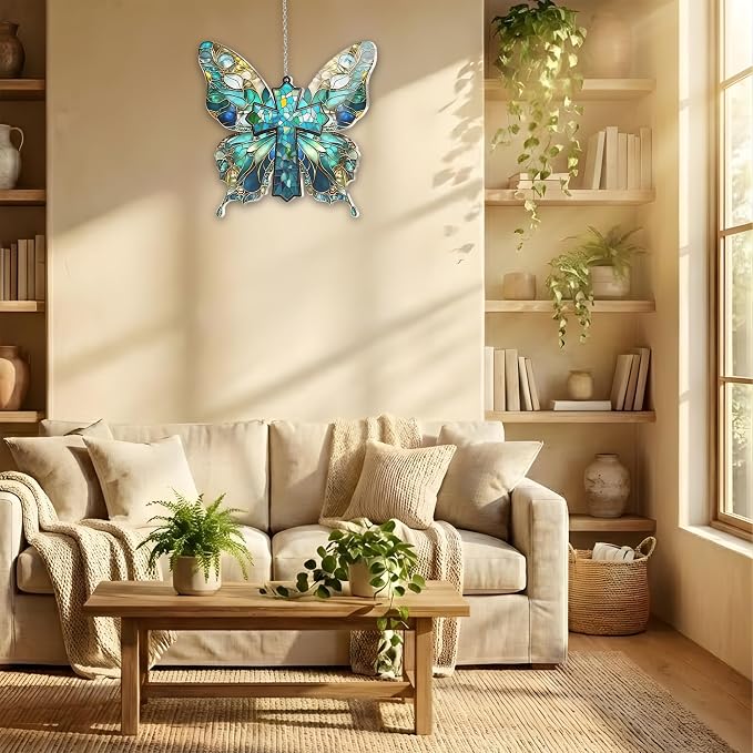 Jesus Cross Acrylic Suncatcher with Butterfly Wings, Boho Suncatchers for Window Hanging Ornament, Art Garden Decor for Lover, Gifts for Mother's Day, Mom, Grandma, Wife, Women, Nana