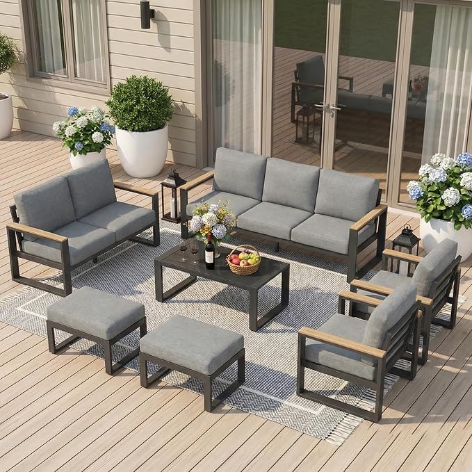 Aluminum Outdoor Patio Furniture Set with Height-adjustable Footrest for Lawn Porches Patio, 6 Piece All-weather Patio Sofa Sets with Coffee Table & Ottomans, Outdoor Patio Conversation set, Grey