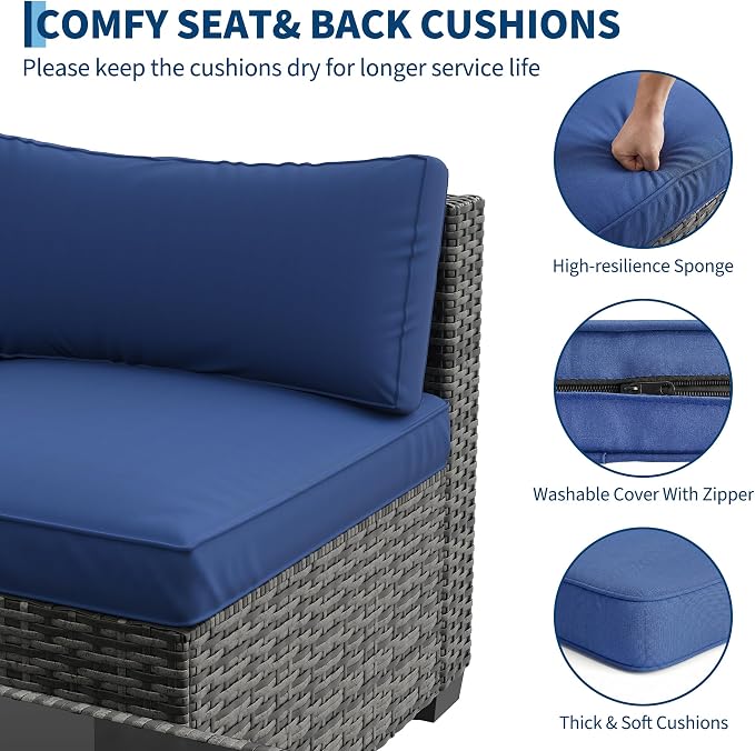 7-Piece All-Weather Outdoor Sectional Sofa Set, Waterproof Wicker Patio Furniture with Removable Cushions, Modern Conversation Set for Poolside, Garden, and Backyard, Grey Rattan with Blue Cushion