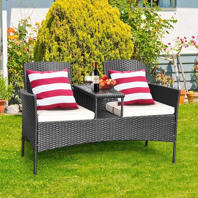 HAPPYGRILL Rattan Wicker Loveseat with Coffee Table Outdoor Patio Loveseat Conversation Sofa Furniture with Cushions for Garden Lawn Backyard Porch