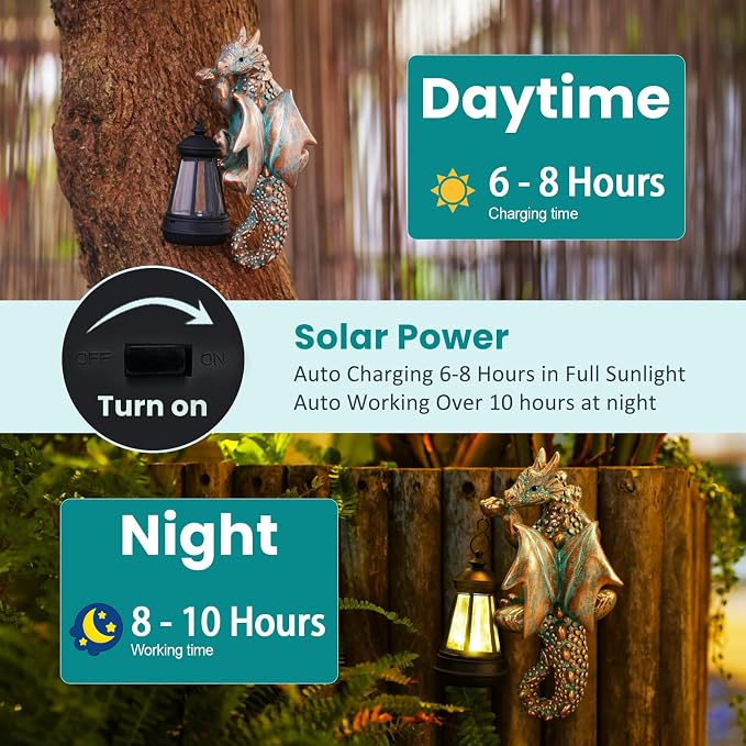 Goodeco Dragon Tree Hugger Garden Statue with Solar Lantern - 2 Pack 9.3 Inch Resin Dragon Decor for Outdoor, Perfect Dragon Gifts & Yard Decor（Bronze, 2-Pack）