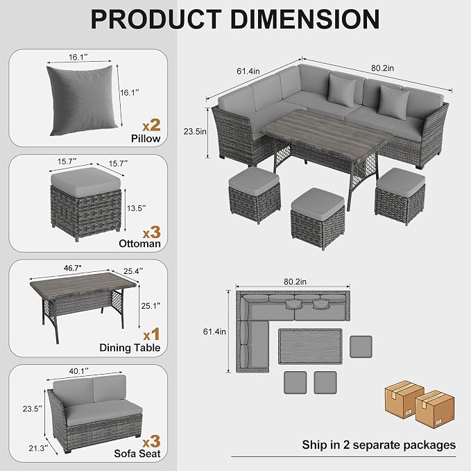 LOUVIXA 7 Pieces Patio Furniture Set, Outdoor Patio Furniture, Wicker Conversation Set with Dining Table, Chairs and Ottoman (Rustic Grey-Light Grey Cushion)