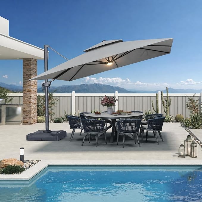 PURPLE LEAF 12 FT Cantilever Patio Umbrella with Light, 330lbs Base Large Square Windproof Offset Umbrella for Pool Deck Garden, Pebble Grey