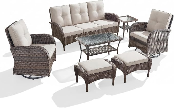 7 Piece Patio Furniture Set - Wicker Patio Conversation Set with Swivel Glider, 3 Seat Sofa, 2 Ottomans, Glass Side Table and Coffee Table for Deck Backyard - Brown Wicker Beige Cushion