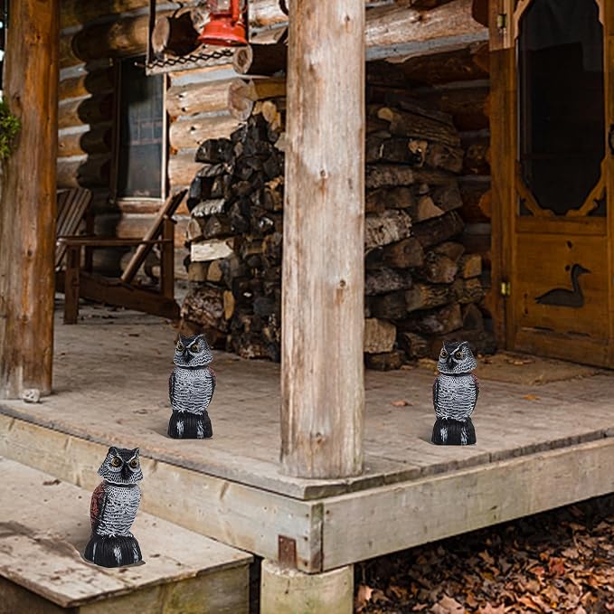 Hausse 3 Pack Bird Scarecrow Mini Fake Owl Decoy Sculpture, 8.26 inch Wagging Head Plastic Small Owl Bird Deterrents, Nature Enemy Horned Pest Repellent for Outdoor Garden Yard