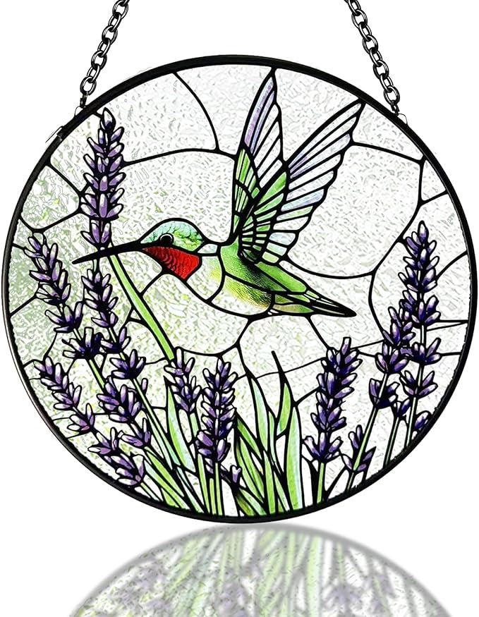 Hummingbirds Suncatcher Stained Glass, Hummingbird Suncatcher Ornament, Hummingbird Suncatcher for Grandma/Mom/Women (Purple Flower Bird)
